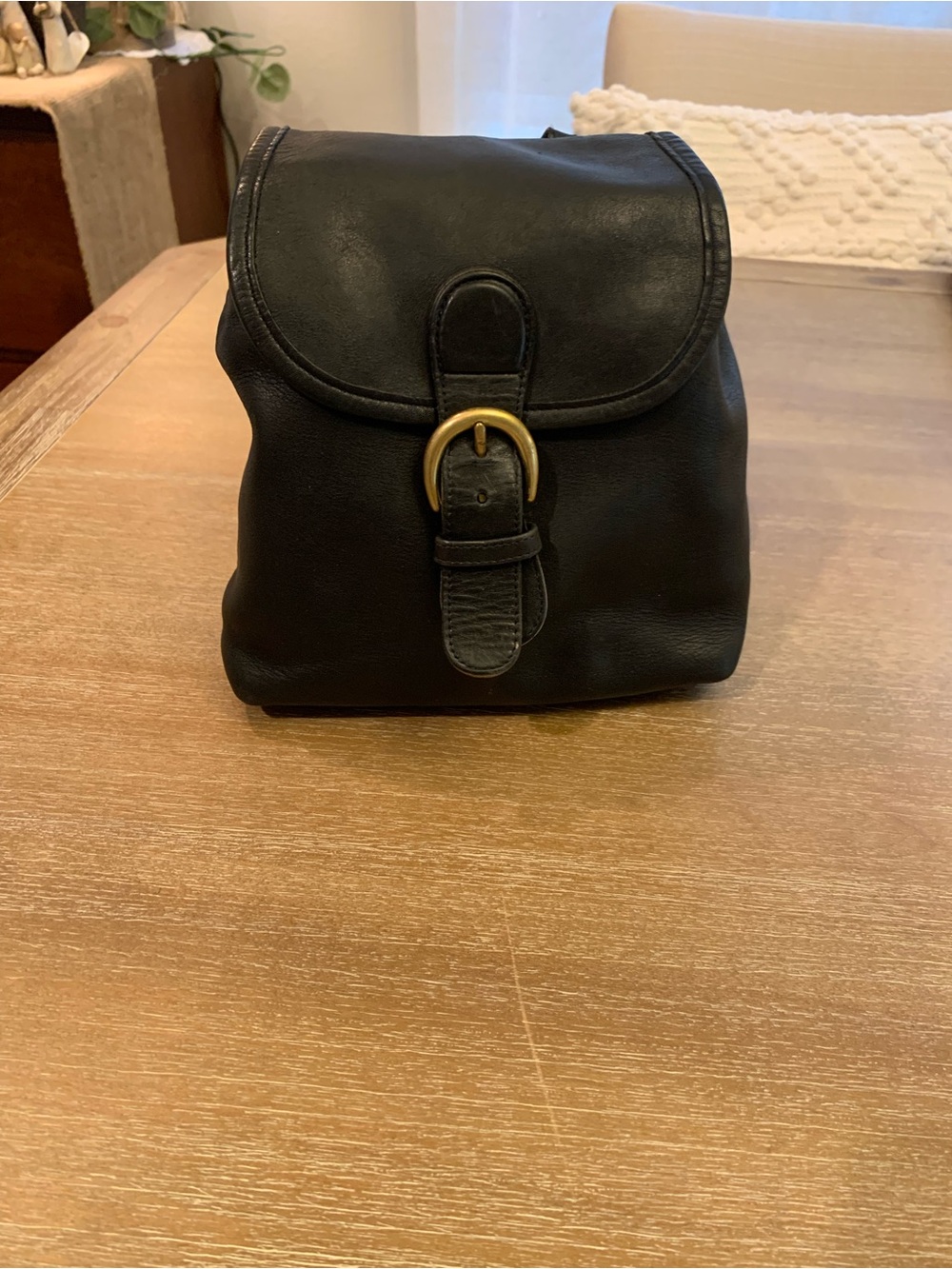 Vintage Coach Black Leather Mini Backpack with Brass-Tone Buckle 4152